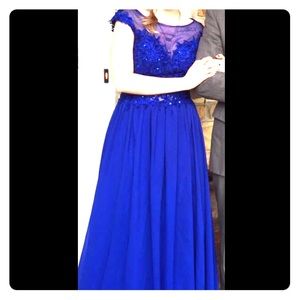 Navy blue prom dress with train